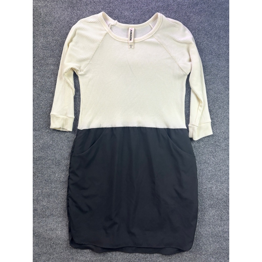 Amadi Anthropologi Cozy Dress Women M Cream Black Ribbed 3/4 Sleeve Pockets